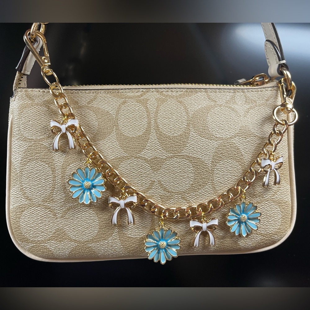 Bag Charm Chain in Gold Tone with Blue Flowers and White Bow Ties